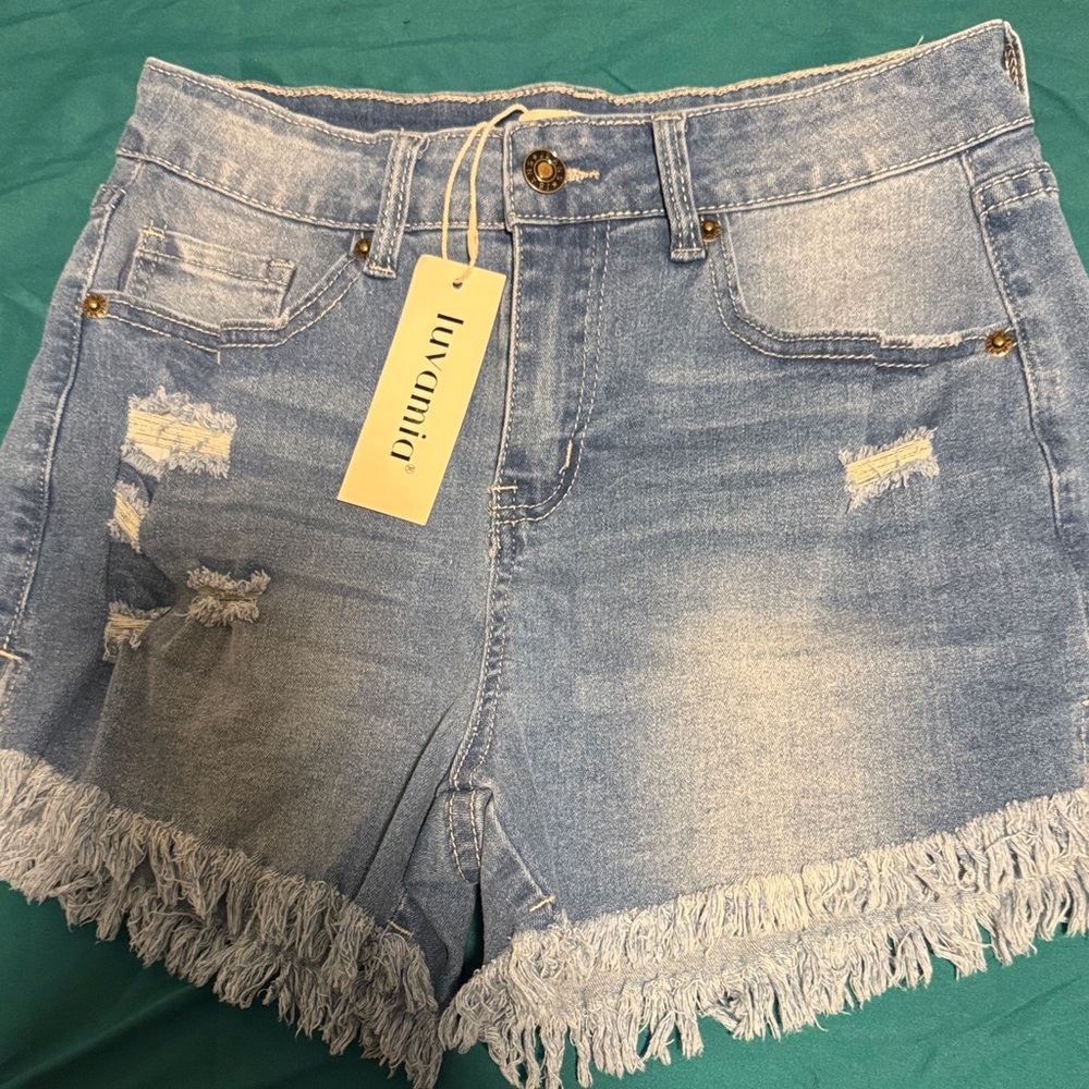 Luvamia Light Blue Frayed Denim Shorts